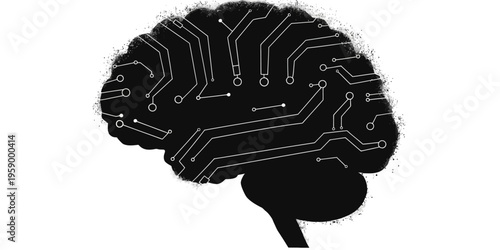 A black silhouette of a human brain with circuit board lines and pathways on a white background representing artificial intelligence and technology