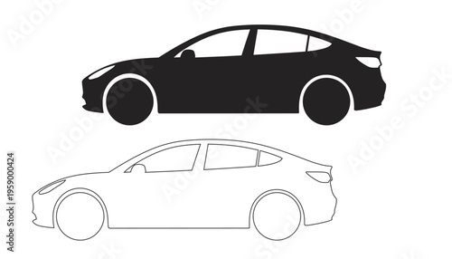 Vector illustration of a car in black silhouette and line art