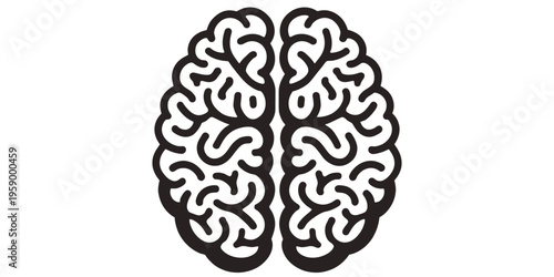 A black and white vector illustration of a human brain with detailed cerebral structures on a transparent background