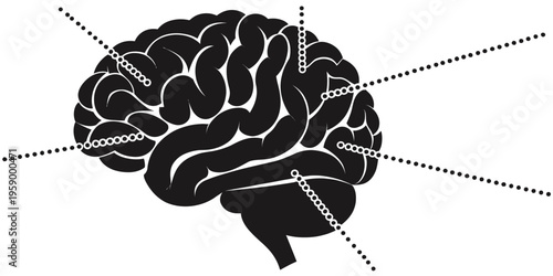 A black and white vector graphic illustration of a human brain with dotted lines and chains