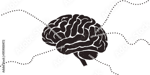 A black and white vector illustration of a human brain with dotted lines radiating from it on a transparent background