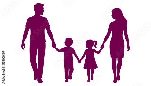 Purple silhouette of a family with two children holding hands walking together