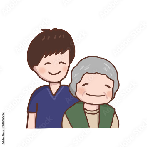 笑顔で寄り添うシニア女性とスクラブ姿の若い男性