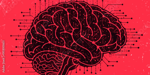 A vector graphic illustration of a human brain with a black silhouette on a red background surrounded by circuit board lines and dots