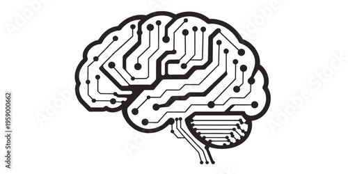 A black and white vector graphic illustration of a human brain with circuit board lines and dots on a white background