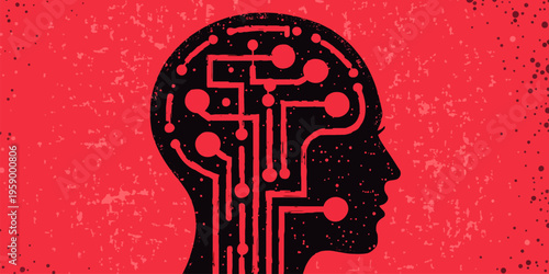 A black silhouette of a human head with a red circuit board design in the brain on a red background with black speckles