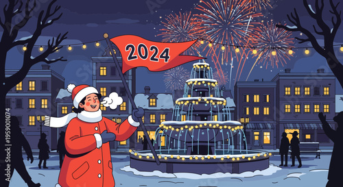 Young person in winter clothes holding a 2024 flag.