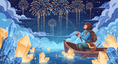 Young woman fishing from a boat under fireworks.