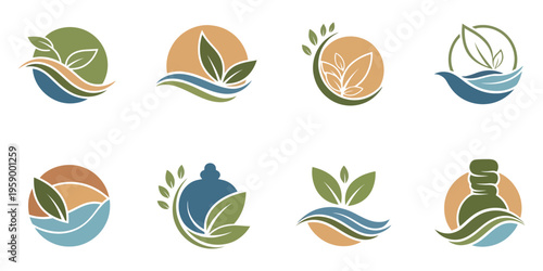 Modern leaf logo set featuring smooth organic shapes, ideal for natural, wellness, and environmentally friendly brand identities.