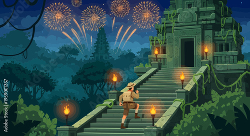 Adventurer climbing ancient temple stairs at night.