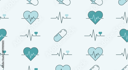 Seamless Pattern: Heartbeat ECG, Heart Symbol, and Pill Icon on Light Blue Background