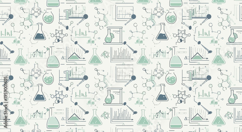 Seamless Pattern: Chemistry Lab Equipment, Molecular Structures, and Scientific Graphs