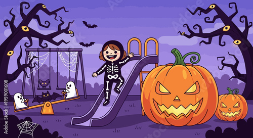 Happy Skeleton Child Sliding Down Playground Slide.