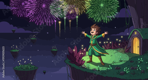 Joyful child celebrating fireworks display with open arms.