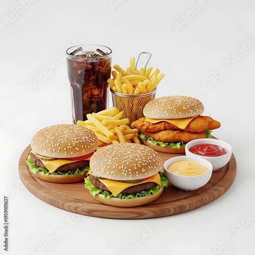 Fast food meal with burgers french fries and soda on a wooden plate