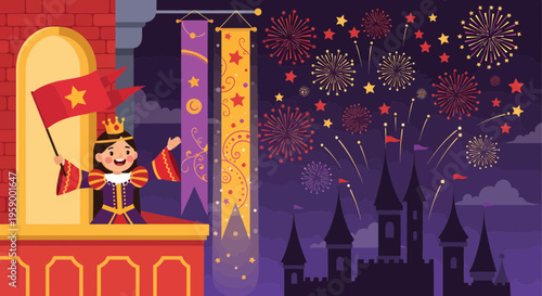 Joyful King Waves Flag from Castle Balcony During Fireworks Display.