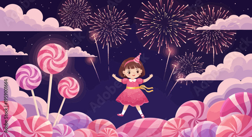 Joyful little girl celebrating with fireworks and candy.
