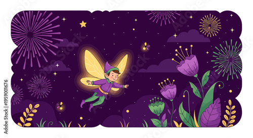 Magical fairy with glowing wings flying at night.