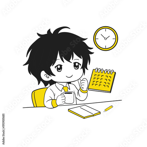 Chibi worker character sitting at a desk holding a coffee cup with a calendar and clock behind. Illustration represents time management, scheduling, productivity, work routine, and organized planning