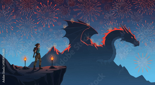 Majestic Dragon Silhouette Against Fiery Sky.