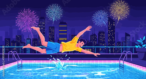 Man swimming in pool during fireworks display.