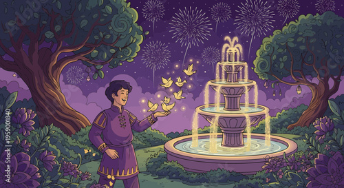 Man Releasing Birds Near Ornate Fountain.