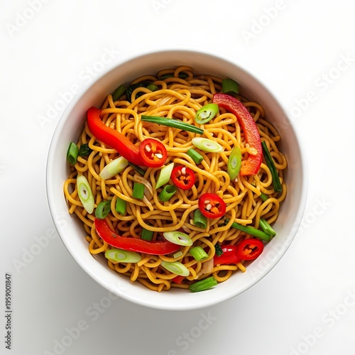 Delicious asian style noodles with chili peppers and green onions in a white bowl on a white background