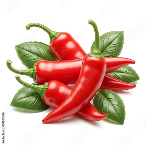 Red chili peppers with green leaves on white background  fresh spicy vegetables for cooking and adding flavor to dishes