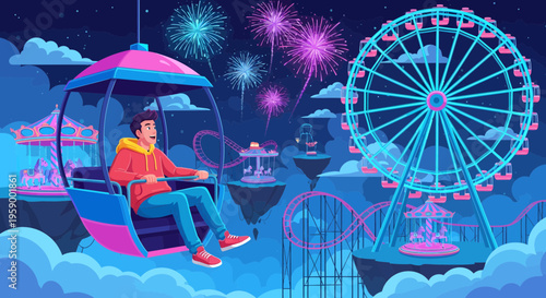 Man riding in a theme park ride at night.