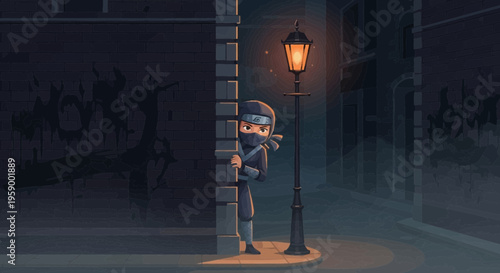Mysterious character peeking from behind a street lamp.