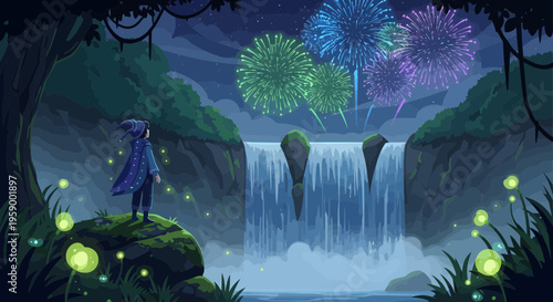 Mysterious figure observing a magical waterfall and fireworks.
