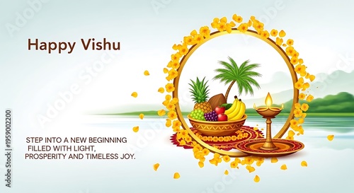 Happy Vishu Wishes with Traditional Fruits and Lamp