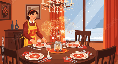 Woman setting table for festive dinner celebration.