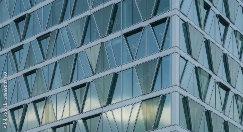 Obraz premium A close-up view of a modern building's exterior corner with numerous windows reflecting natural ligh