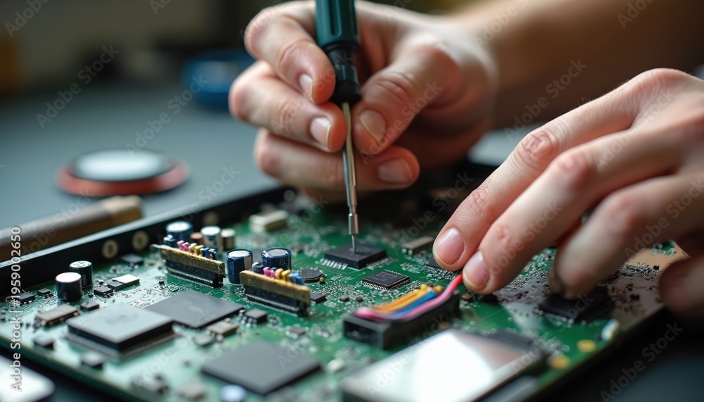 Obraz premium Person fixes computer motherboard using screwdriver. Technician works on electronic circuit board with microchip. Careful hands repair device in workshop. Upgrade tech hardware.
