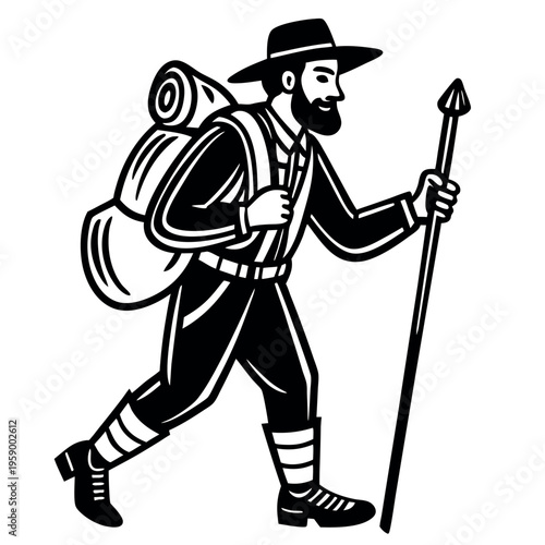 Spirited hiking man clipart on white background. 