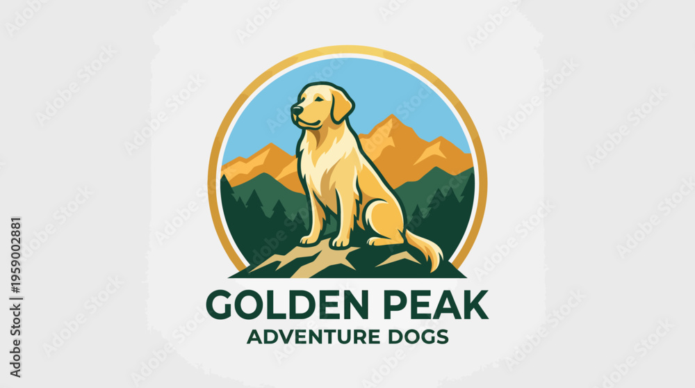 Obraz premium A captivating logo featuring a golden retriever on a mountain, emphasizing outdoor adventures with dogs. This image resonates with dog lovers and outdoor enthusiasts.