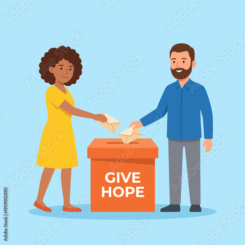 A lively illustration of two diverse individuals casting their votes in a ballot box, symbolizing hope and community engagement towards a better future. Perfect for civic themes.