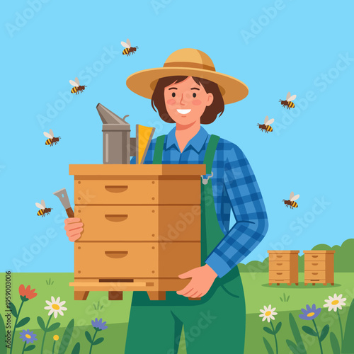 An engaging illustration of a cheerful beekeeper holding a bee box, set against a colorful background filled with flowers and buzzing bees, showcasing the beauty of nature.