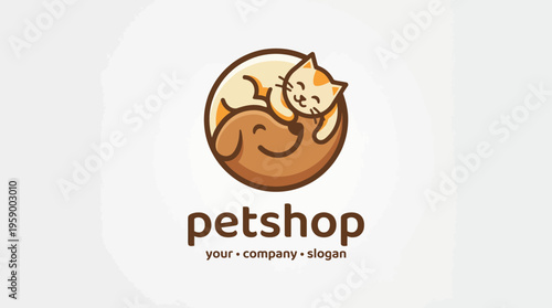 A cute and playful logo design showcasing a cat and a dog curled up together, ideal for a pet shop, capturing the warmth and love animals bring into our lives.