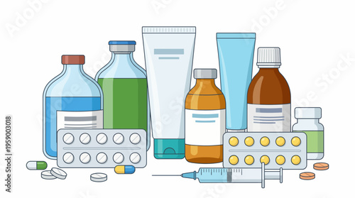 This image showcases various medicines, syringes, and medical products arranged neatly, emphasizing health and wellness in a modern context of personal care and medication.