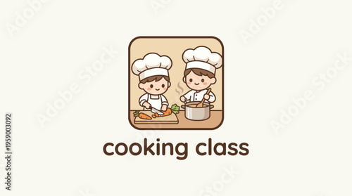 This logo features two cheerful chefs engaged in cooking activities, emphasizing fun learning experiences in cooking classes for food enthusiasts of all ages.