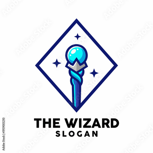A captivating logo of a wizard’s staff, infused with magical elements, representing imagination and fantasy, perfect for gaming, literature, or entertainment branding.
