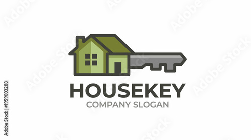 An innovative logo design combining a house silhouette and key element, representing a real estate or locksmith business, conveying security and ownership effectively.