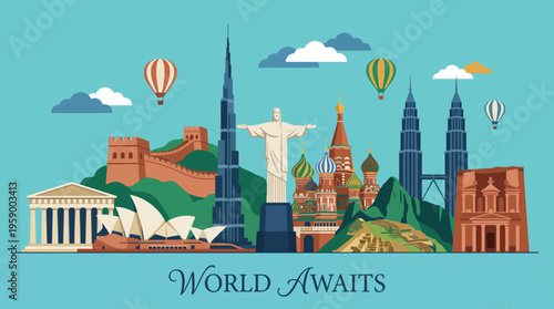 A vibrant collage of famous global landmarks, inviting exploration and adventure. This design embodies curiosity and travel enthusiasm for all ages.