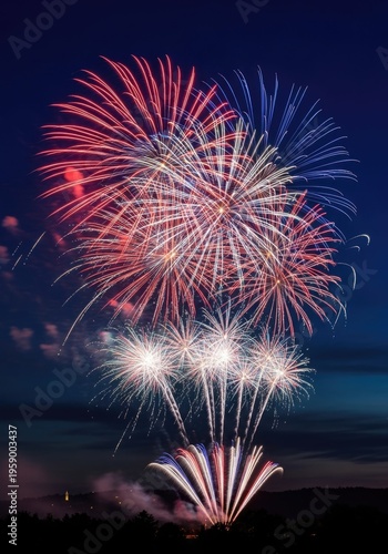 Vibrant fireworks display on a dark night sky with red white and blue explosions over water