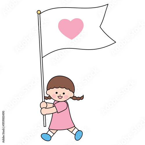 ハートが描かれた旗を掲げるかわいい女の子のイラスト
