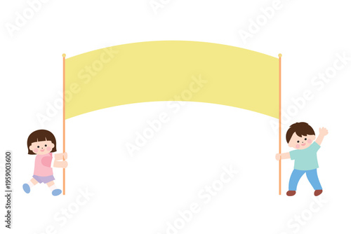 黄色の横断幕を上に掲げる女の子と男の子｜線なしのフラットスタイルイラスト