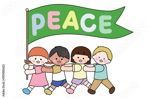 PEACEと書かれた緑の旗を掲げる国際色豊かな子どもたち