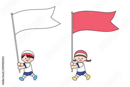 紅白の旗を持つ運動会の子どもたちのイラスト